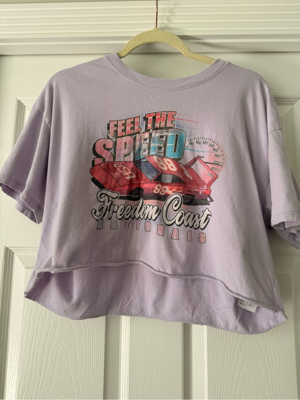 Hollister Lilac Cropped 'Feel the Speed' Graphic Tee with Red Car